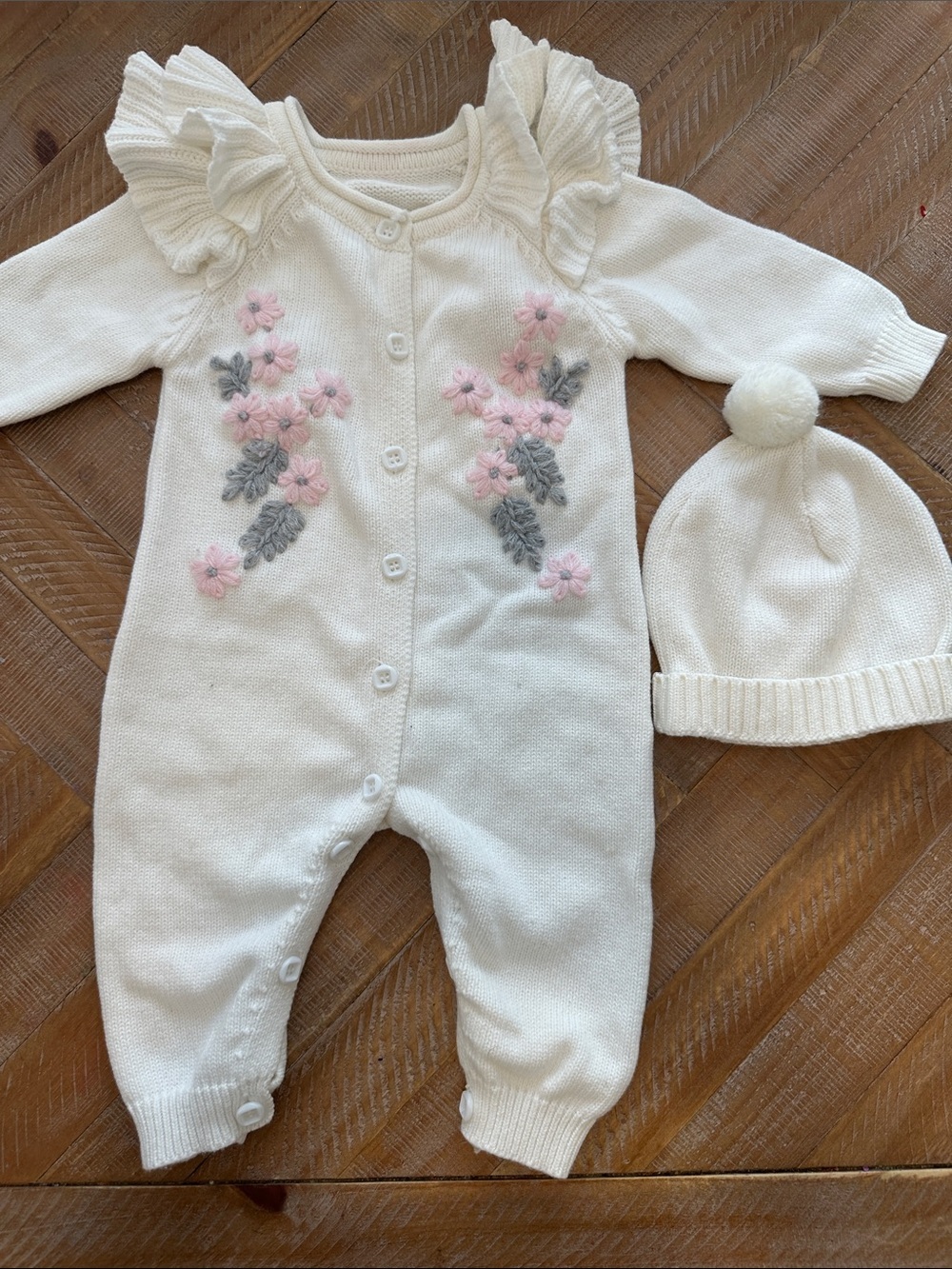 Baby Girl White Cotton Knit Baby One-Piece with Pink Flower Embroidery & Hat